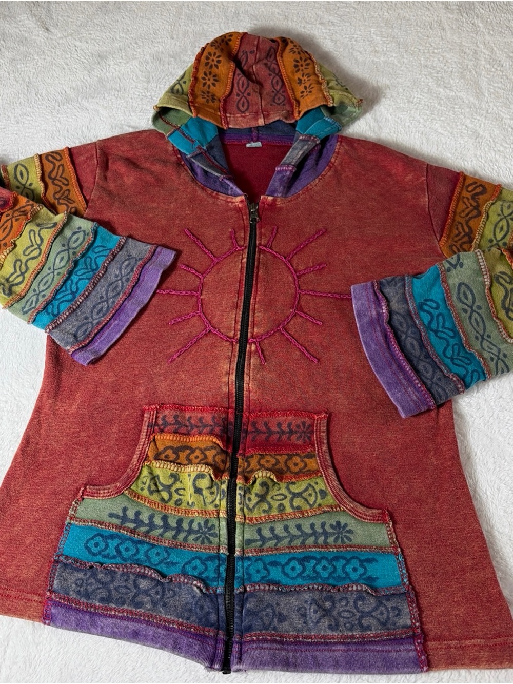 Greater Good Network Hoodie Full Zip Red Boho Hippie Embroidered Size L/XL
